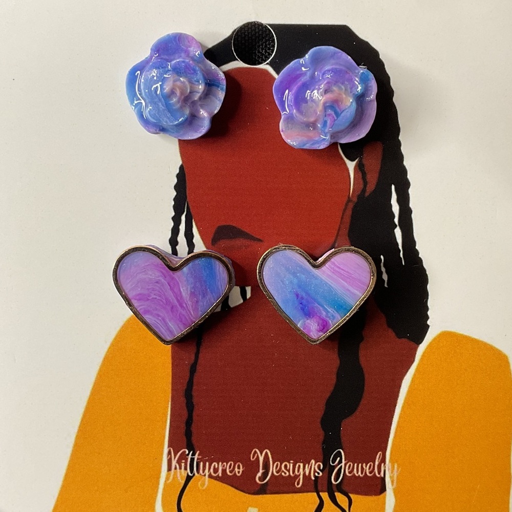 Purple and Blue Floral and Heart Artisan Earrings